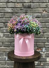 Цветочная композиция из Гипсофила и Розы в шляпной коробке в Поселок кирпичного завода