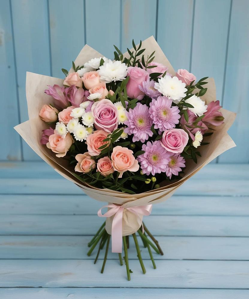 Букет цветов из: Хризантемы, Розы и Альстромерии в Поселок кирпичного завода