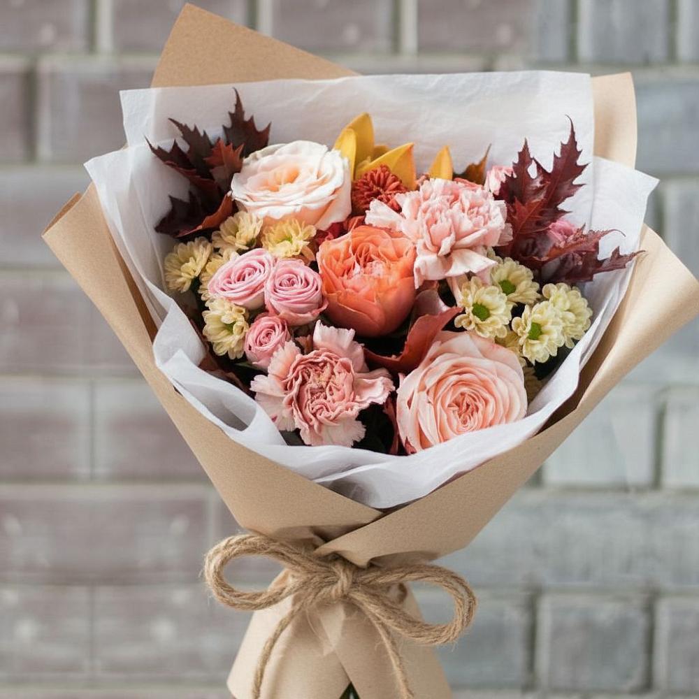 Букет цветов из: Гвоздики, Хризантемы и Розы в Поселок кирпичного завода