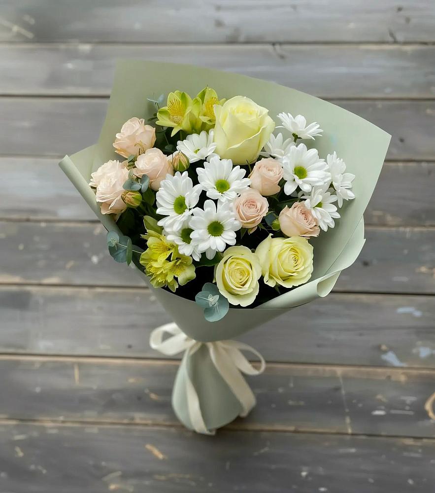 Букет цветов из: Альстромерии, Розы и Хризантемы в Поселок кирпичного завода