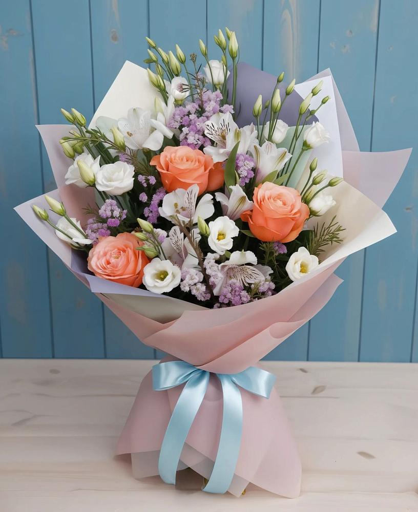 Букет цветов из: Лизиантусы, Розы, Альстромерии и Гипсофила в Поселок кирпичного завода