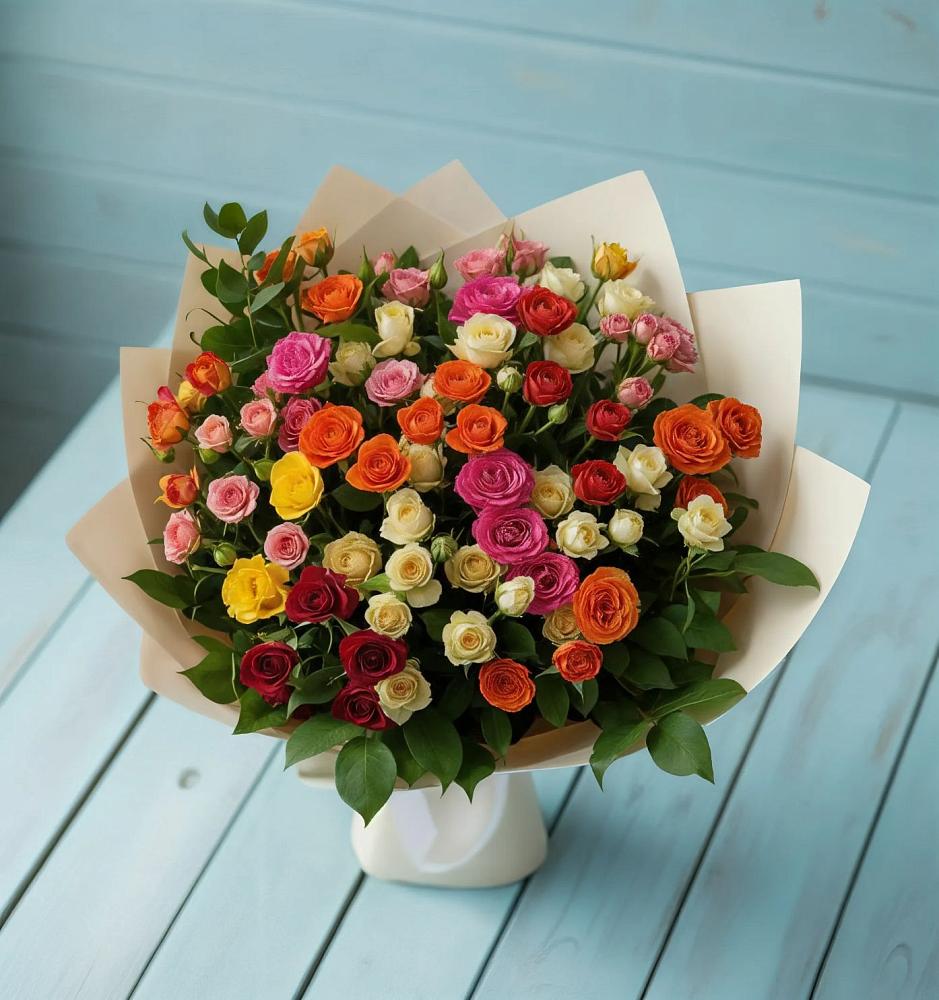 Букет Микс из разноцветных кустовых роз в Поселок кирпичного завода
