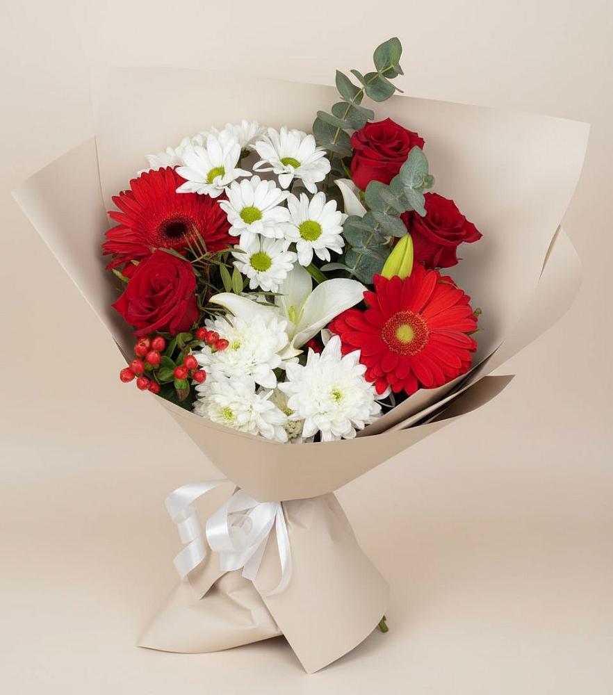 Букет цветов из: Розы, Хризантемы, Герберы и Лилии в Поселок кирпичного завода