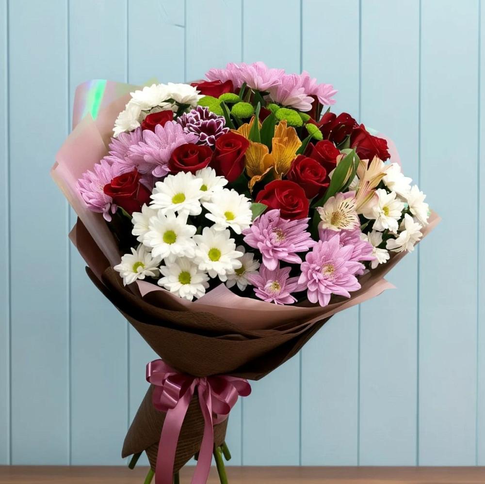 Букет цветов из: Розы, Хризантемы и Альстромерии в Поселок кирпичного завода