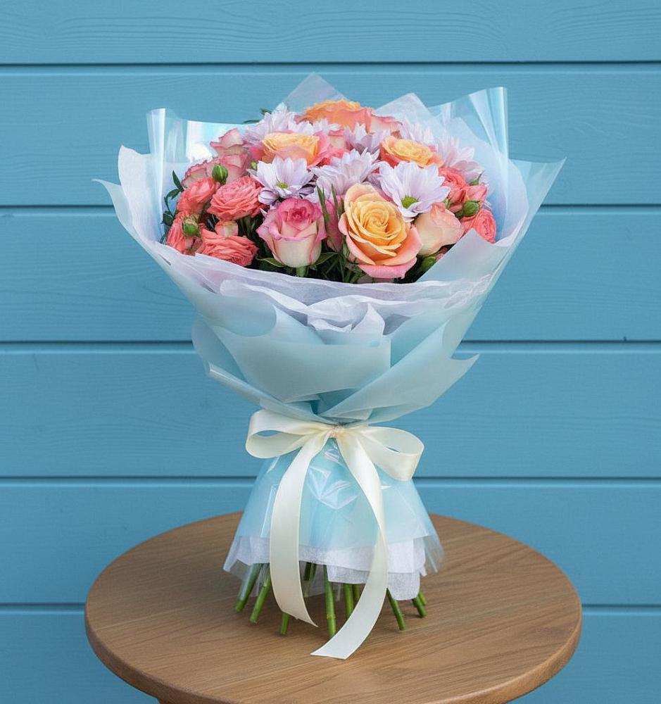 Букет цветов из: Хризантемы и Розы в Поселок кирпичного завода