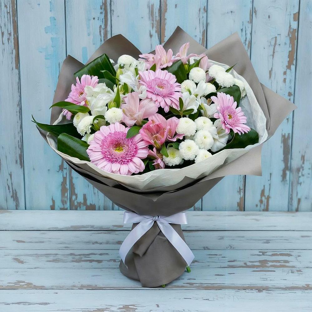 Букет цветов из: Герберы, Альстромерии и Хризантемы в Поселок кирпичного завода