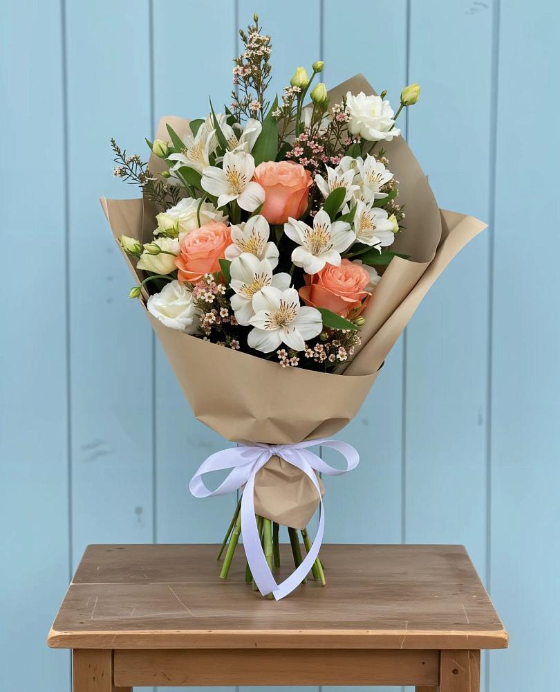 Букет цветов из: Альстромерии, Лизиантусы, Розы и Хризантемы в Поселок кирпичного завода