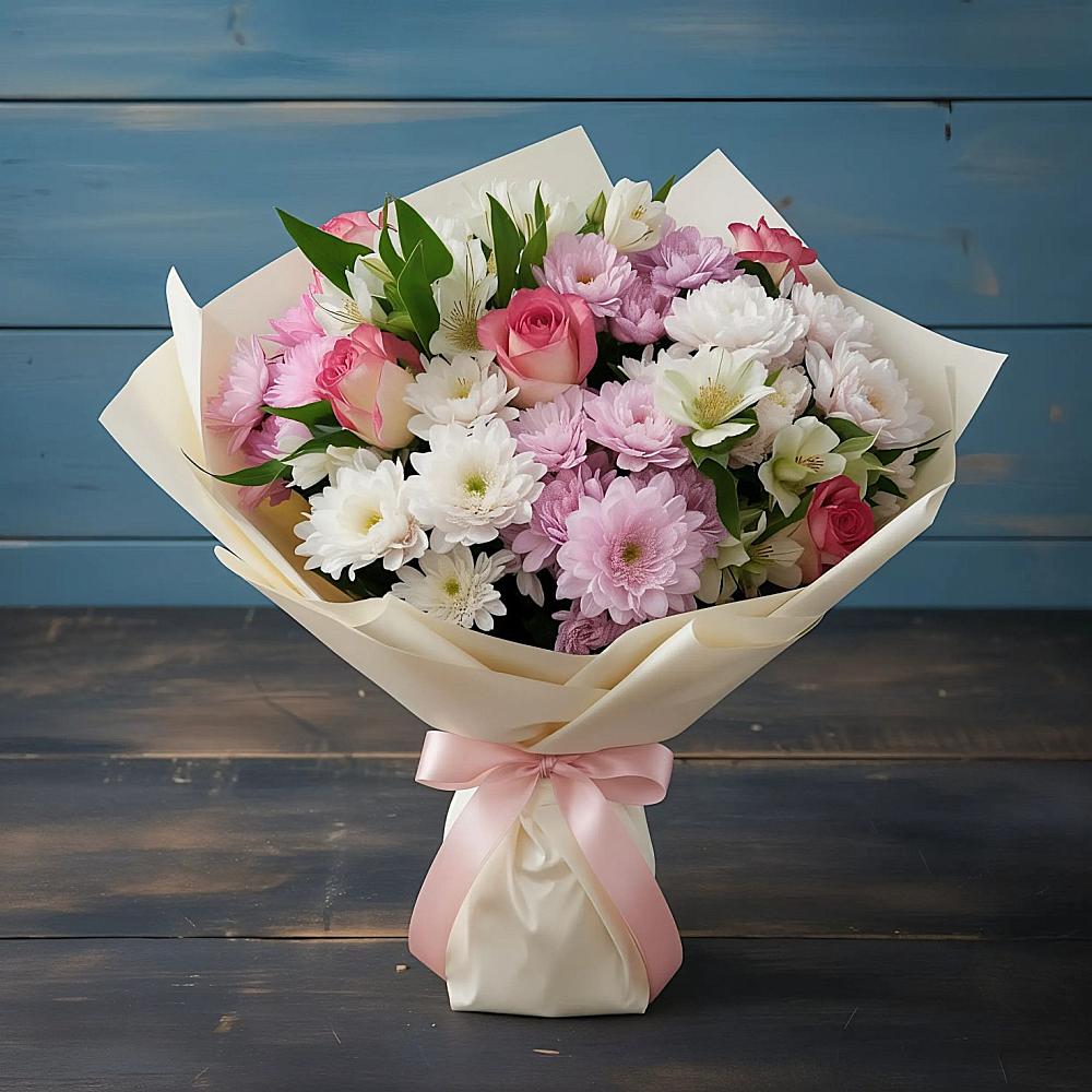 Букет цветов из: Хризантемы, Альстромерии и Розы в Поселок кирпичного завода